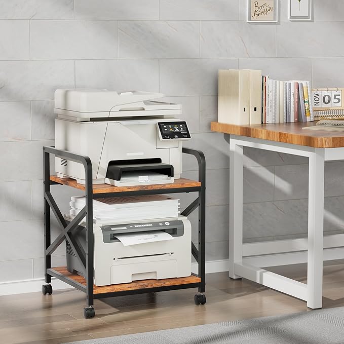 Ollieroo 2 Tier Printer Stand with Storage Shelf, Printer Table with Height Adjustable Top Shelf, Under Desk Storage Printer Cart for Paper Shredder Scanner, 3D Printer Stand for Home Office(Vintage)
