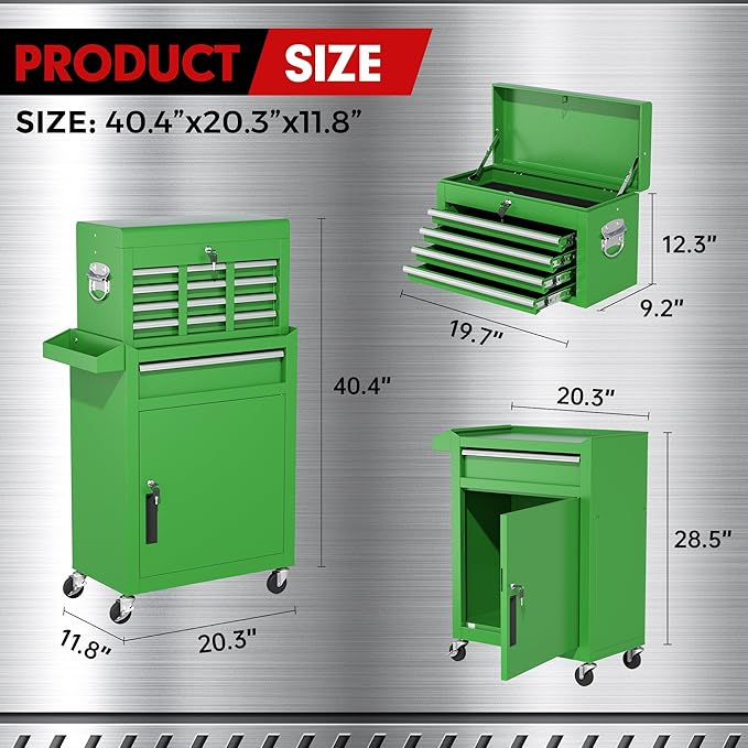 INTERGREAT Tool Chest Cabinet, 5-Drawer Rolling Tool Chest with Detachable Top Tool Box, Tool Chests with Universal Lockable Wheels, Metal Tool Cart for Garage, Workshop, Barbershop(Green)
