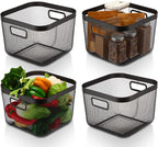 4 Pack Metal Mesh Steel Basket with Hollow Handles Square Wire Mesh Open Bin Fruit Storage Basket for Kitchen Bathroom Picnic Shopping Cabinet Home Items (Large,Black)