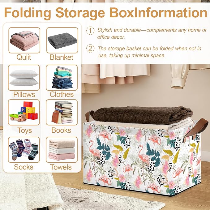 Storage Bin with Handles, Forest Pink Flamingo Collapsible Laundry Baskets for Books, Laundry - Use in Nursery, Closet Organizers and Storage, Blanket Basket