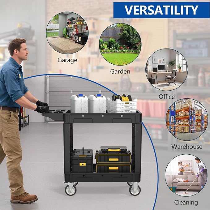 550LBS Utility Cart, 2-Tier 40x17 Inch Utility Cart with Wheels,Heavy Duty Service Cart-Lipped Shelves,Ergonomic Storage Handle and Swivel Wheels for Warehouse, Garage, Cleaning,Black