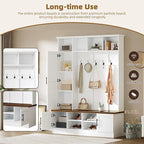 Merax Farmhouse Wood Hall Tree with 6 Hooks and Shoe Bench, Mudroom Versatile Coat Racks with Cabinets and Shelves, Entrance Organizer for Hallway White