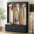 Merax Farmhouse Wood Hall Tree with 8 Hooks and Shoe Bench, Mudroom Versatile Coat Racks with 3 Drawers, Entrance Organizer for Hallway Black
