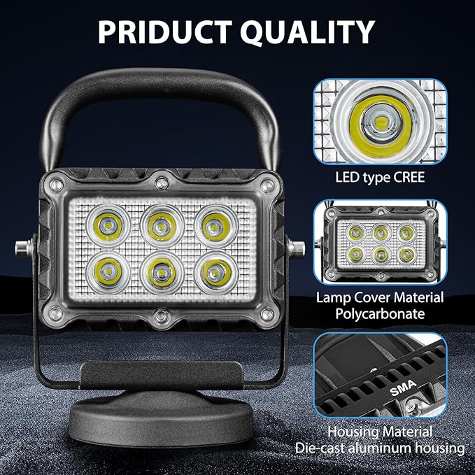 SMA 18W LED Work Light 2400 Lumens Aluminum Alloy High Brightness Strong Magnetic Base Wireless Portable Waterproof Dustproof Garage Workshop Car Repair Construction Site-Red Light (White)