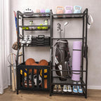 Garage Sports Equipment Organizer, Golf Bag Storage Rack, Heavy Duty Ball Holder with Basket & Hooks, Indoor/Outdoor Basketball Storage Bins for Toy Sports Gear Storage