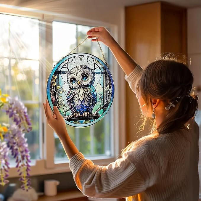 8 Inch Stained Glass Suncatcher Ornament, DOUHASU Owl Sun Catchers Indoor Window, Stained Glass Window Hanging, Home Decor, Owl Lovers Gifts for Women, Men, Friend, Relative