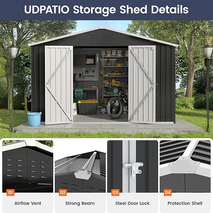 UDPATIO Outdoor Storage Shed 10x12 FT, Outdoor Storage Metal Galvanized Steel Yard, Patio, Lawn, Tool Shed with Lockable Door for Can, Bike, Lawnmower, Generator,Dark Grey