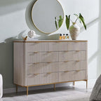 T4TREAM Fluted 9 Drawers Dresser, Modern Wooden Top Chest of Drawers with Curved Profile Design, Dresser TV Stand Drawer Organizers for Bedroom, Living Room, Hallway(White Alder)