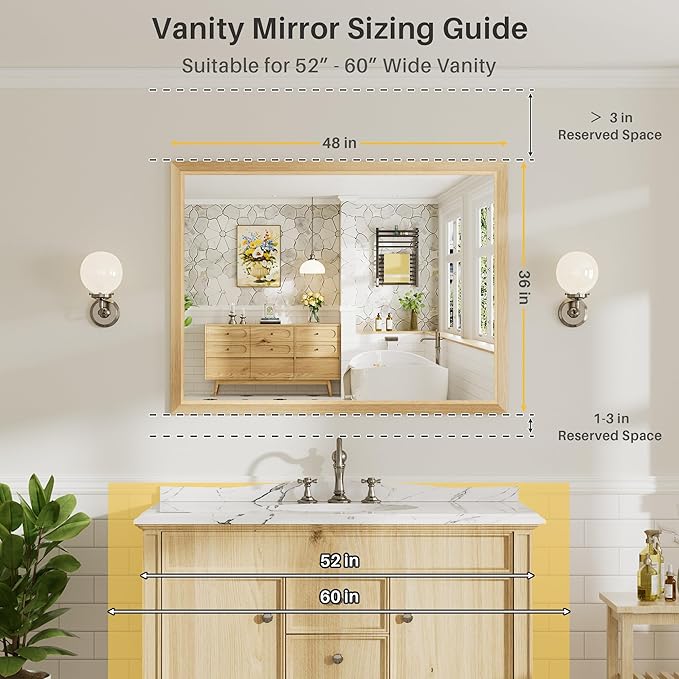 48x36 Inch Bathroom Mirror for Wall, Anti-Rust Oak Wood Grain Metal Framed Bathroom Mirrors for Over Sink,Rectangler Mirrors for Bathroom Vanity, Farmhouse, Bedroom, Living Room, Entryway Decor