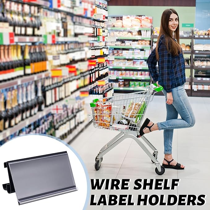 100 Pcs Wire Shelf Label Holders Plastic Wire Rack Clips 3 x 1.25 Inch Shelf Price Tags Compatible with Metro 1-1/4in Shelves for Shopping Mall Supermarket Store