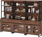 WAMPAT 3 PCS Modern 72" Tall Bookcase with 3 Drawers and Open Book Shelf, Library Book Shelf with Storage Cabinet and Glass Doors, Wood Freestanding Bookshelves for Home Office, Living Room, Brown