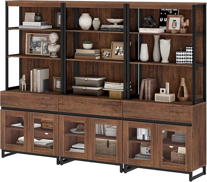 WAMPAT 3 PCS Modern 72" Tall Bookcase with 3 Drawers and Open Book Shelf, Library Book Shelf with Storage Cabinet and Glass Doors, Wood Freestanding Bookshelves for Home Office, Living Room, Brown