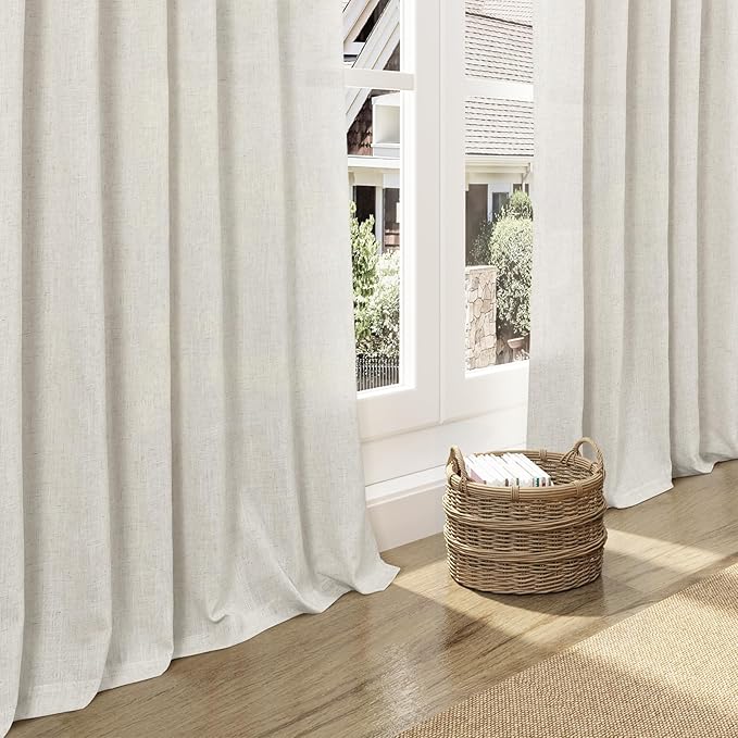 Nanspring Mousse White Curtains 90 Inches Long for Living Room Linen Light Filtering Semi Sheer Curtain Back Tab Rod Pocket Simple Modern Elegant Coastal Decor Drapes for Bedroom 52x90, 2 Panels