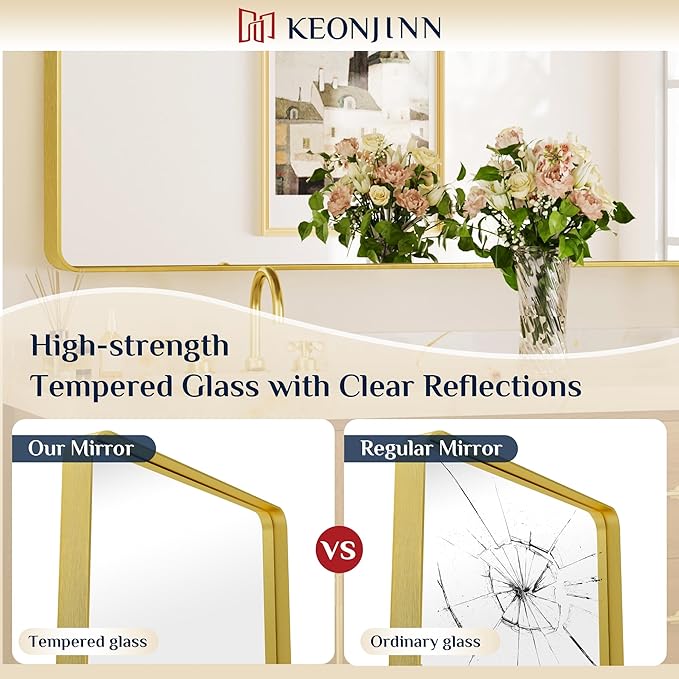 Keonjinn Gold Bathroom Mirror for Over Sink, 30" x 30" Brushed Brass Mirror, Large Rounded Rectangle Gold Vanity Mirror with Metal Frame, HD Tempered Glass Square Wall Mirror(Horizontal/Vertical)