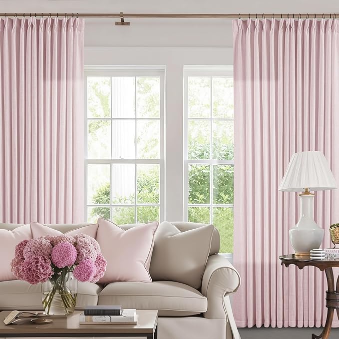 Elegant Blush Pink Semi Sheer 102 Inch Curtains Cotton Linen Textured for Living Room Bedroom Nursery Soft Light Filtering Drapes Dusty Pink Pinch Pleated Curtains with Rings Hooks 2 Panels Set