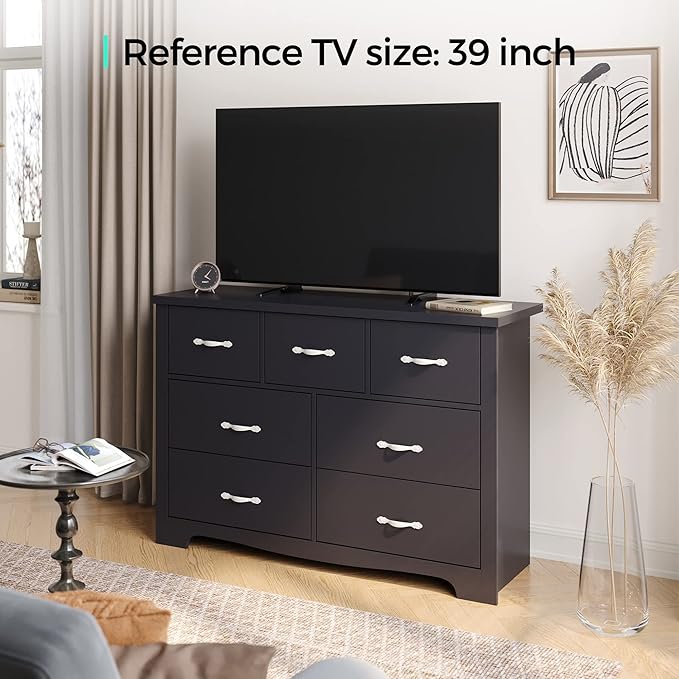 LINSY HOME 7 Drawers Dresser for Bedroom, Wood Bedroom Dressers Modern Drawer Chest, 7 Chest of Drawer, Tall Dresser for Closet, Dressers Organizer for Living Room, Closet, Hallway