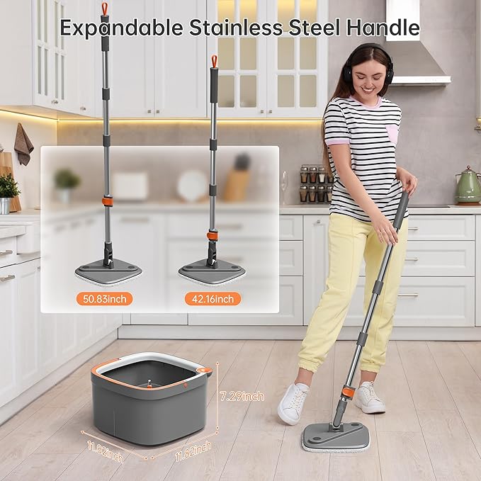 KZKR Spin Mop and Bucket Set with 6 Replaceable Microfiber Mop Pads with Self Separation Dirty and Clean Water System, Self Wringing 360° Rotating Square Mop Head for Hardwood Tile Marble Floors