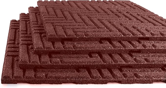 Playsafer Herringbone Rubber Interlocking Tiles | 16 X 16 | Easy Install for Indoor and Outdoor Use (Red, 4 Tiles)