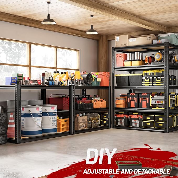 2050LBS Storage Shelves Heavy Duty 5 Tier Garage Storage Shelving, Adjustable Metal Shelving Unit Utility Rack Shelf for Warehouse, Pantry, Closet, 72" H x 35.56" W x 16" D, Black.2PCS