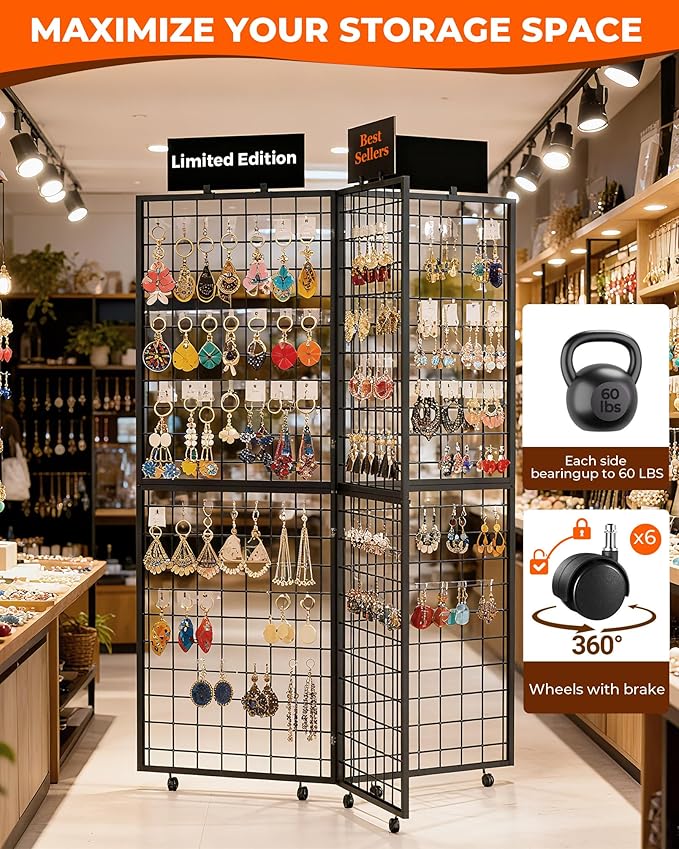 360° Foldable Grid Wall Panel, Three 6' x 4.25' Ft Double Side Gridwall Display Stand with Notice board, Heavy Duty Sturdy Floorstanding Wire Grid Rack, Movable Wheel for Retail Art Craft Fairs