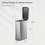 EKO Hudson Slim 50L / 13.2 Gallon Kitchen Trash Can with Lid, Stainless Steel Step Garbage Can for Kitchen or Home, Space-Saving Garbage Can with Soft Close Lid, Stay-Open, Liner Ring, Handle