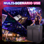 DJ Facade Booth Table 41" x 43"x 20"-Portable with Black&White Lighting Scrims Flat DJ Booth Panel-Black Metal Frame with 2 Extra Wheels for Show, Party (Black)