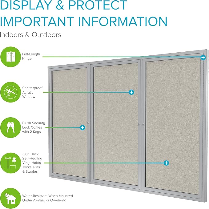 Ghent 48"x72" 3-Door Outdoor Enclosed Vinyl Bulletin Board, Shatter Resistant, with Lock, Satin Aluminum Frame - Ivory (PA34872VX-185), Made in the USA