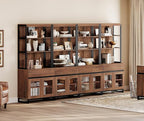 WAMPAT 4 PCS Modern 72" Tall Bookcase with 4 Drawers and Open Book Shelfs, Library Book Shelf with Storage Cabinet and Glass Doors, Wood Freestanding Bookshelves for Home Office, Living Room, Brown