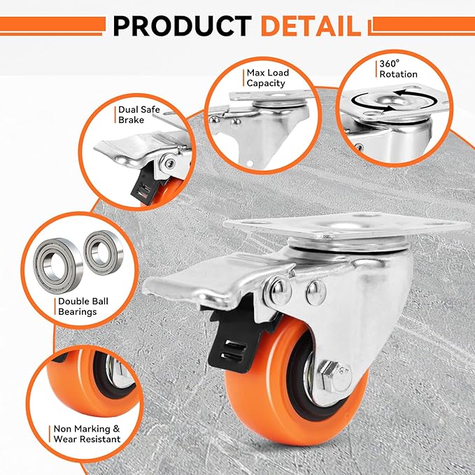 WBD 2" Plate Caster Wheels Set of 8, Heavy Duty Casters with Brake, 1200 Lbs, Safety Dual Locking, Industrial Swivel Top Plate Casters Wheels for Furniture, Carts (Screws and Screwdriver)