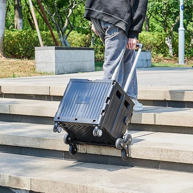 Foldable Utility Cart ，Folding Shopping carts，Collapsible cart with Stair Climbing Wheels, 8 Wheel Shopping cart，Collapsible Rolling Crate with Telescoping Handle (Black, 14.96 * 14.96 * 31.3)
