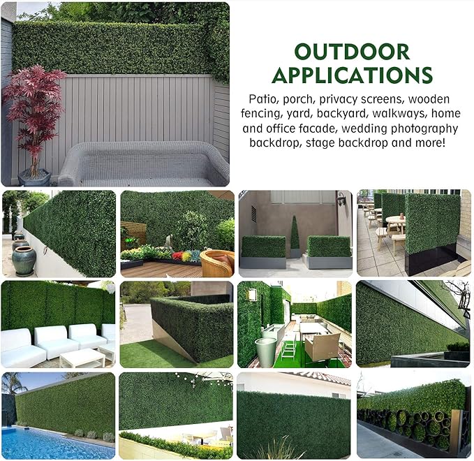 12PCS 20"x20" Artificial Boxwood Panels Topiary Hedge Plant UV Protected Faux Grass Wall Greenery Mats for Outdoor Garden Fence Backyard and Indoor Home Wedding Decoration, Dark Green