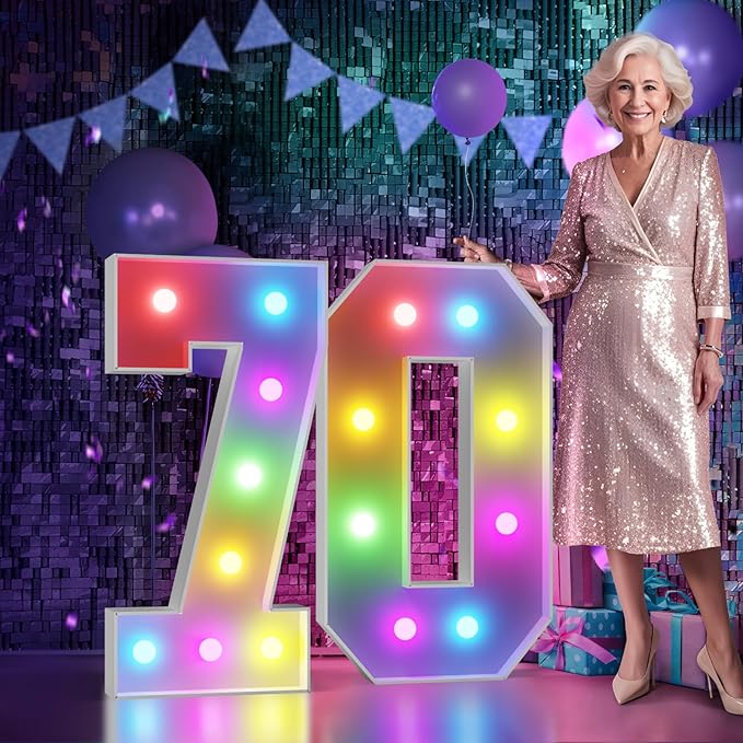 Marquee Numbers 70th Birthday Decoration: Colorful 3FT Large Light Up 70 Year Old Birthday Decorations Anniversary Backdrop Cardboard Sign 18 Colors Number 70 Mosaic Balloon Frame