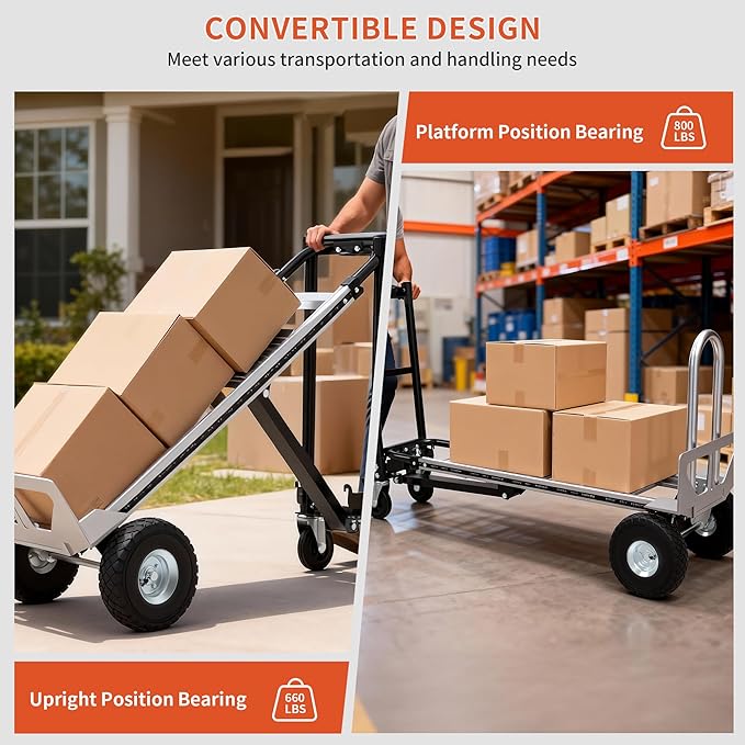 Aluminum Convertible Hand Truck, 800lbs 3 in 1 Folding Dolly Cart Lightweight Frame,Heavy Duty Industrial Platform Cart Handtruck for Construction, Logistics, Shopping, Home, Office Moving (Black)