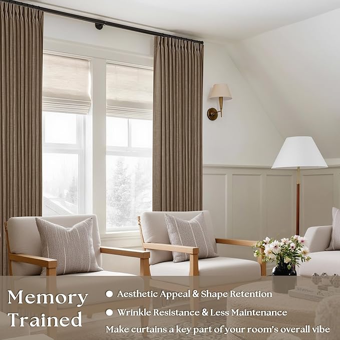 Brown Pleated Linen Curtains 96 Inches Long for Living Room 2 Panel Set Semi Sheer Light Filtering Pinch Pleat with Rings Hooks Drapes Boho Rustic Farmhouse Dutch Cocoa Curtain Bedroom Window