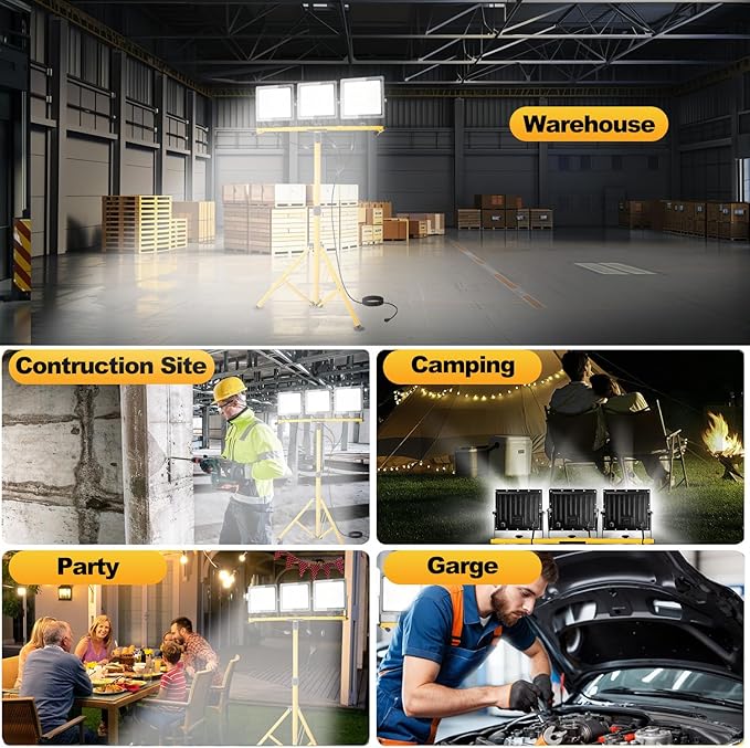 27000 Lumen LED Work Light with Stand, 3-Head Adjustable Tripod Lights with 16.5FT Extended Cord, IP65 Waterproof Work Lamp for Indoor & Outdoor Job Sites, Workshops, Construction, Garage Lighting
