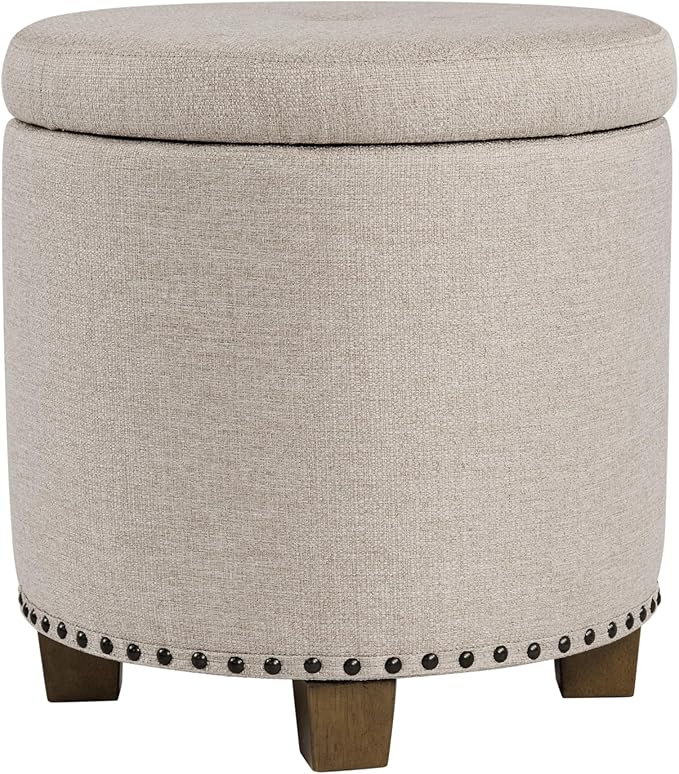 Homepop Home Decor | Upholstered Round Storage Ottoman with Nailheads| Ottoman with Storage for Living Room & Bedroom, Light Brown Fabric