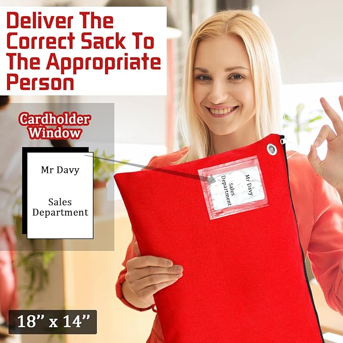 4 Pcs Interoffice Mailer Canvas Transit Sack Zipper Bag 18" x 14" Large Zipper Pouch with Grommet Interoffice Mail Bag (Red)