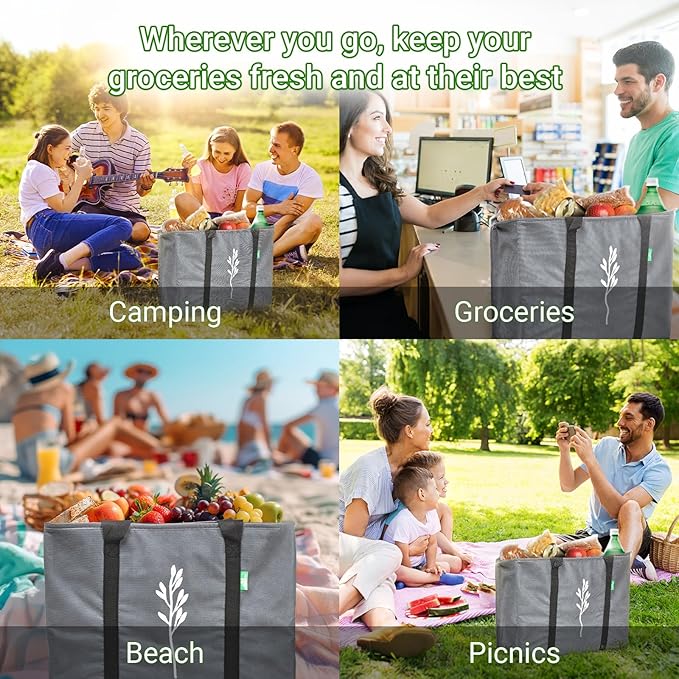 Green Bulldog 2Pack Insulated Grocery Bags – Foldable Reusable Cooler Bags with Handles for Everyday Use, Groceries, Food Delivery, and Shopping – 16”x9”x13”, Gray