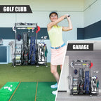 Mythinglogic Golf Bag Storage Garage Organizer,2 Golf Bags Storage Stand and Golfing Equipment Accessories Storage Rack with 4 Removable Hooks, Extra Golf Clubs Display Rack