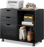 DEVAISE 3-Drawer Wood File Cabinet, Mobile Lateral Filing Cabinet, Printer Stand with Open Storage Shelves for Home Office, Black