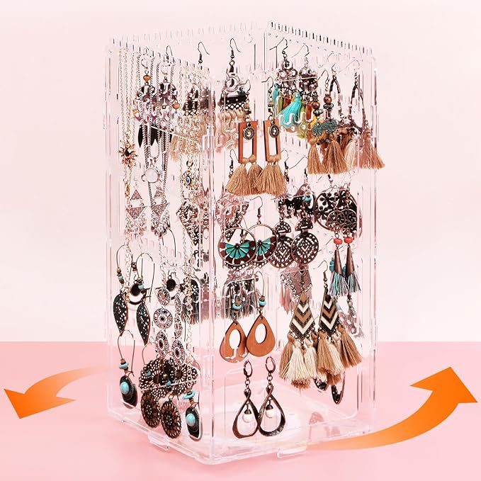 360° Rotating Jewelry Organizer Stand with 5 Layers,Acrylic Earring Holder Organizer Stand,228 Holes and 232 Grooves for Studs,Dangly Earrings,Chains,Bracelets,Necklace