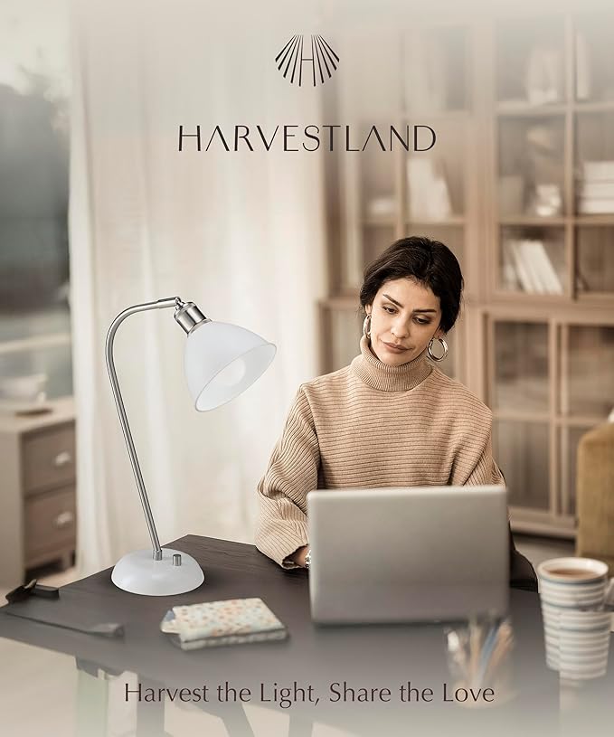 HarvestLand Halo Silver White Adjustable Desk Lamp – Reading Lamp, Pharmacy Style Metal Desk Lamp, Industrial Table Lamp with Solid Base for Bedside Table, Task Lamp Home Office, Christmas Gifts