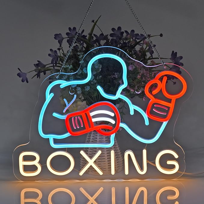 Boxing Neon Sign, Neon Lights Hanging Wall Art Decoration for Fitness Club Gym Sports Room Workout Game Room Man Cave Boys Gifts, USB Powered Ultra Bright Dimmable, 16.1 * 12.2 inches