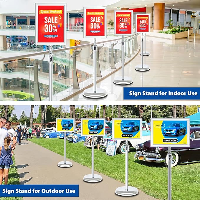 6Packs Floor Standing Sign Holder Stands for Display 8.5x11Inch Pedestal Poster Sign Stand, Adjustable Sign Holder Stand for Vertical & Horizontal View Sign Display Stand, Silver