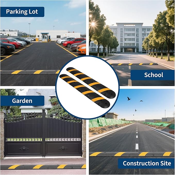 1 Pack 6FT Speed Bumps for Road, Heavy Duty 25,000 Lbs Capacity Traffic Rubber Speed Humps with 2 Channel Floor Cord Cover for Asphalt Concrete Gravel Driveway Road Cable Protector Ramp