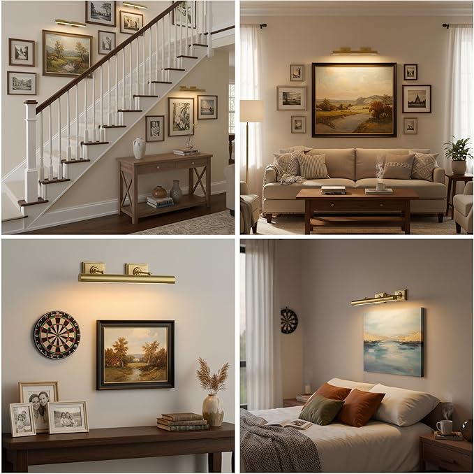 Picture Light, 24in Hardwired Picture Lights for Wall, Dimmable Wall Sconces Poster Light, Brass 4 Lighting for Paintings Frames Art Display Gallery Bedroom Living Room No Bulbs
