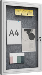 36"x24" Lockable Enclosed Bulletin Board, Outdoor Flet Weather-Resistant Aluminum Frame Notice Board, Wall Mounted Display Case Acrylic Doors for School,Office,Silver Frame w/Grey Flet