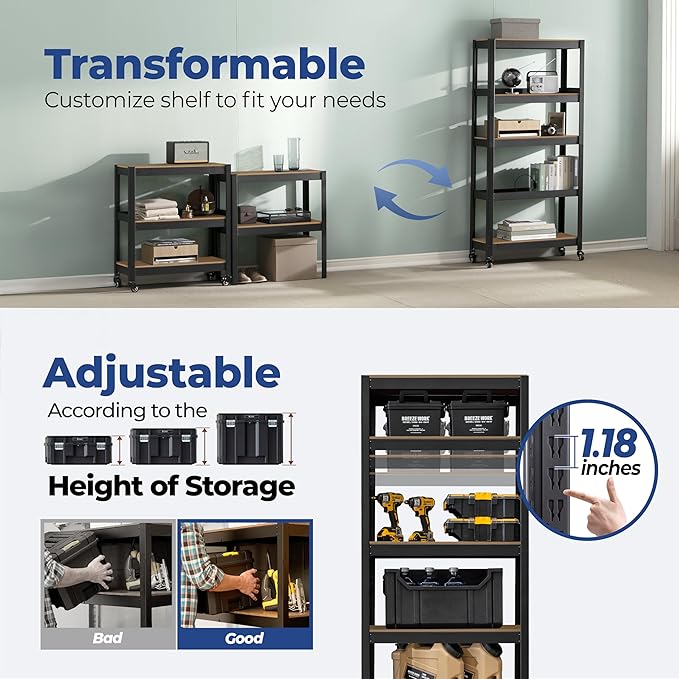 HOMEDANT House 5-Tier Metal Rolling Cart Shelf Rack Casters Heavy Duty Laminated Wheel Shelving Unit Adjustable Utility Storage Shelves Organizer Shelf Kitchen Garage (3, (S) 24.4" W, Black)