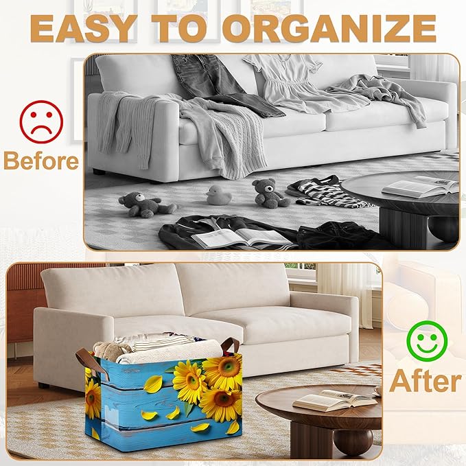 Storage Bin with Handles, Sunset Sunflower Collapsible Laundry Baskets for Books, Laundry - Use in Nursery, Closet Organizers and Storage, Blanket Basket
