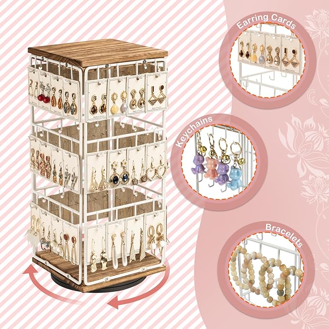 360 Rotating Earring Display Stands for Selling, Earring Rack Display Holder Stand, Jewelry Display for Vendors Selling Earring Cards, Necklaces, Bracelets, Hair Accessories (48 Hooks)